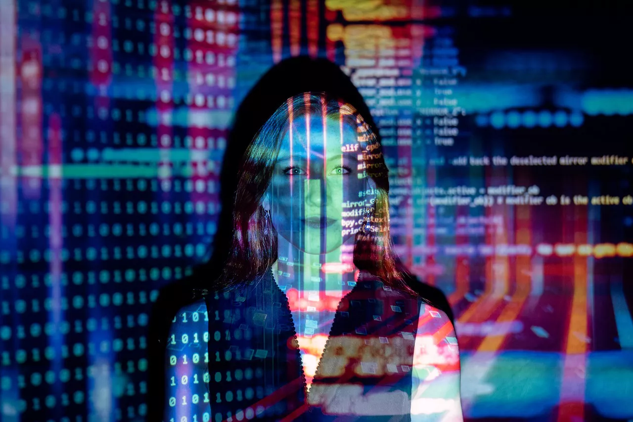 woman and projector info data
